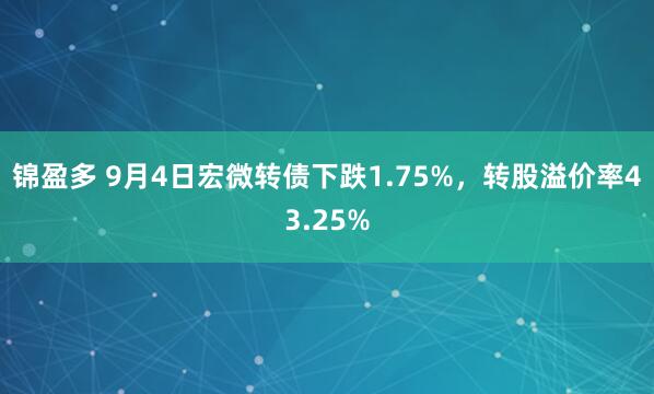 锦盈多 9月4日宏微转债下跌1.75%，转股溢价率43.25%